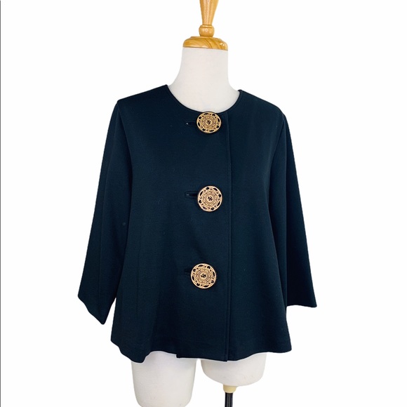 Coldwater Creek Jackets & Blazers - COLDWATER CREEK Vintage Swing Smock Blazer Top Black Small Carved Wood Buttons